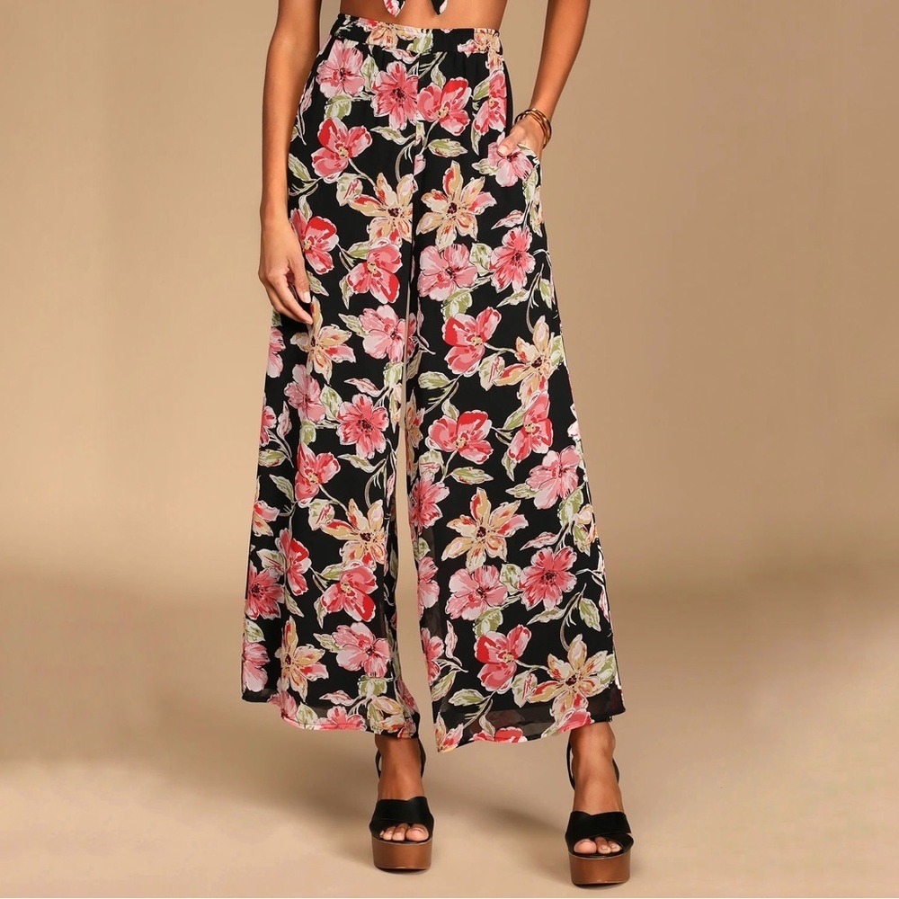 Lulus Tropical Travels Black Floral Print Pants